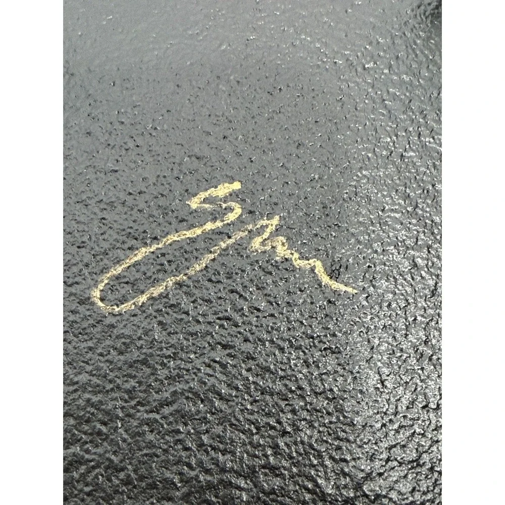 Signed Studio Art Glass Hand Painted Abstract Swirl Plate Black Gold‎ 11.5 Inch
